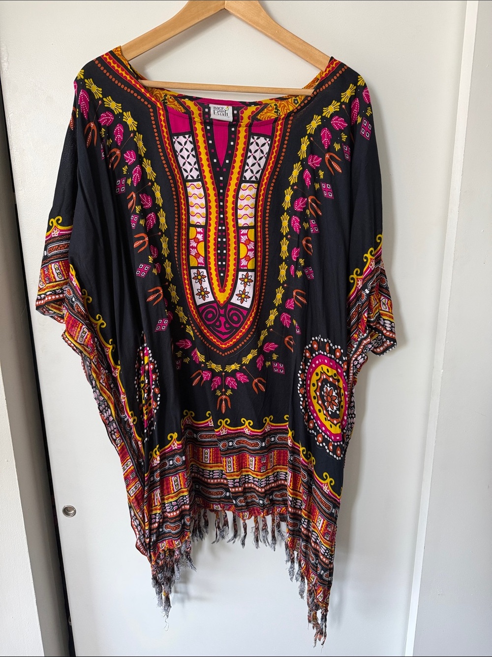 Boho Black Dashiki Tunic with Pink & Yellow Print - Picture 1 of 4